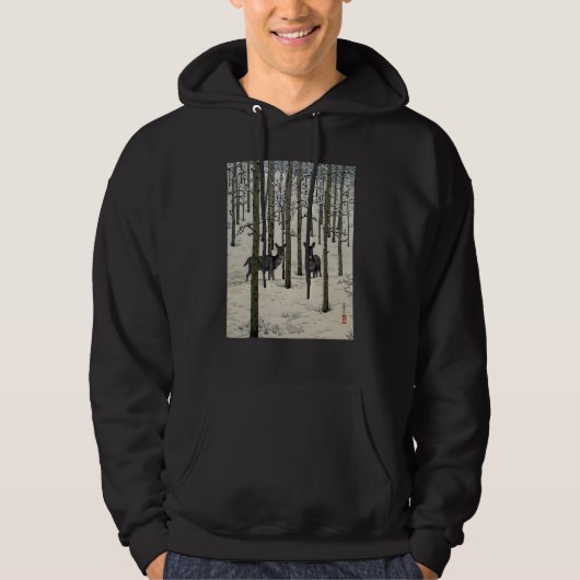 Deer Nara Forest Snow Winter Aspen Japanese Ukiyo  Hoodie (Voorkant)