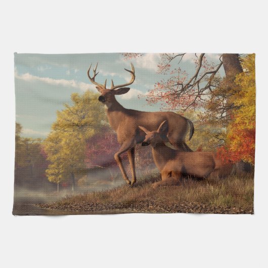 Deer op een herfst Lakeshore Theedoek (Horizontaal)