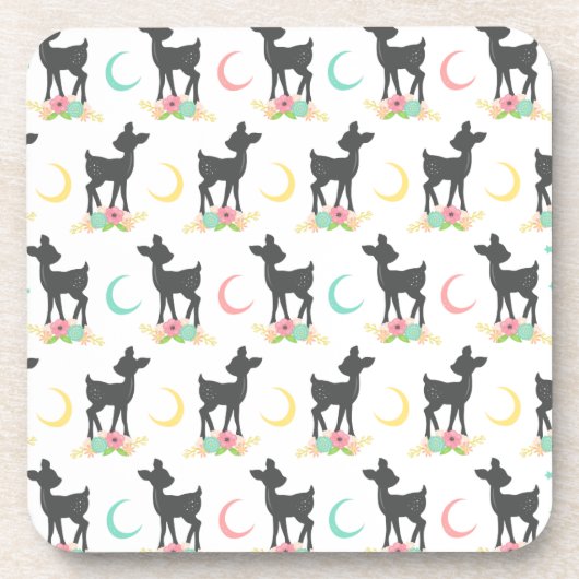 Deer Pattern, Baby Deer, Boho, Flowers, Moon Bier Onderzetter (Voorkant)