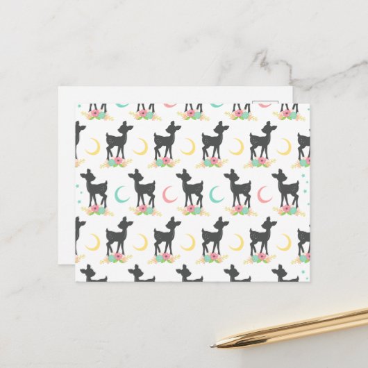 Deer Pattern, Baby Deer, Boho, Flowers, Moon Briefkaart (Voorkant / Achterkant in situ)