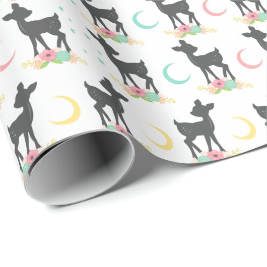 Deer Pattern, Baby Deer, Boho, Flowers, Moon Cadeaupapier (Rol Hoek)