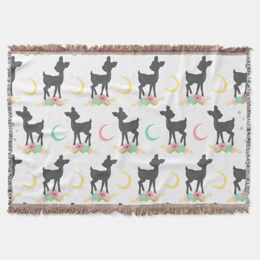 Deer Pattern, Baby Deer, Boho, Flowers, Moon Deken (Voorkant)