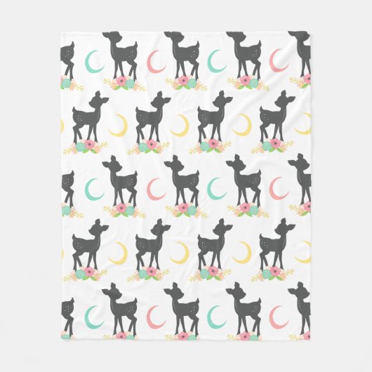 Deer Pattern, Baby Deer, Boho, Flowers, Moon Fleece Deken (Voorkant)