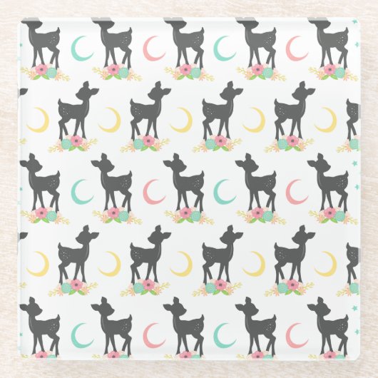 Deer Pattern, Baby Deer, Boho, Flowers, Moon Glazen Onderzetter (Voorkant)