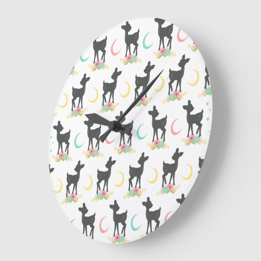 Deer Pattern, Baby Deer, Boho, Flowers, Moon Grote Klok (Hoek)