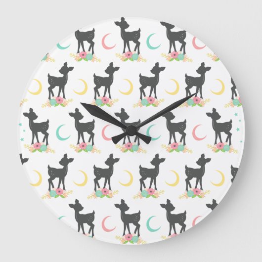 Deer Pattern, Baby Deer, Boho, Flowers, Moon Grote Klok (Voorkant)