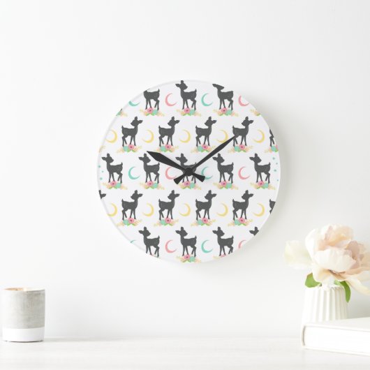 Deer Pattern, Baby Deer, Boho, Flowers, Moon Grote Klok (Huis)