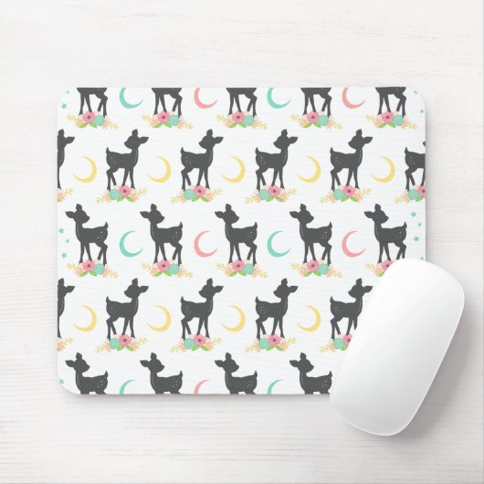 Deer Pattern, Baby Deer, Boho, Flowers, Moon Muismat (Met muis)