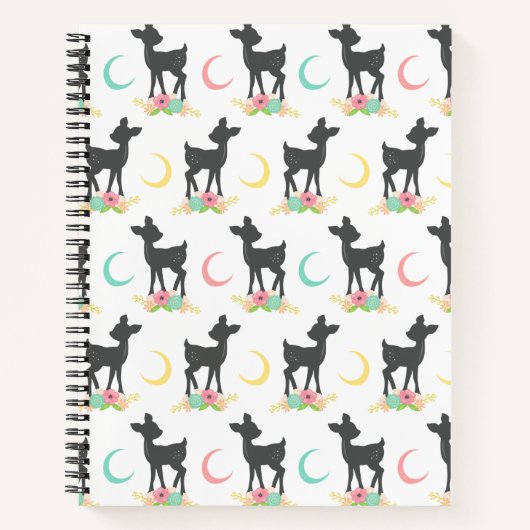 Deer Pattern, Baby Deer, Boho, Flowers, Moon Notitieboek (Voorkant)