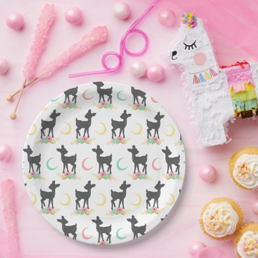 Deer Pattern, Baby Deer, Boho, Flowers, Moon Papieren Bordje (Feest)