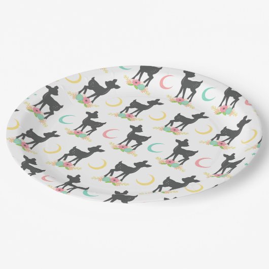 Deer Pattern, Baby Deer, Boho, Flowers, Moon Papieren Bordje (Gekanteld)