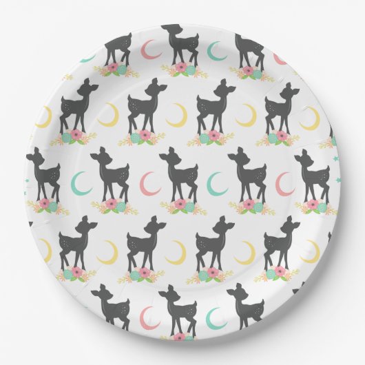 Deer Pattern, Baby Deer, Boho, Flowers, Moon Papieren Bordje (Voorkant)