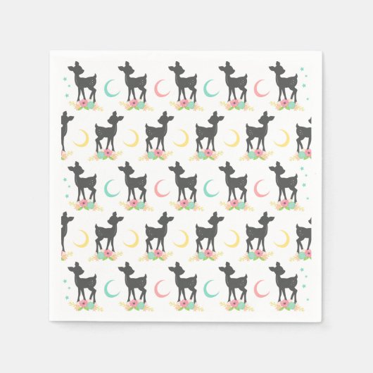 Deer Pattern, Baby Deer, Boho, Flowers, Moon Servet (Voorkant)