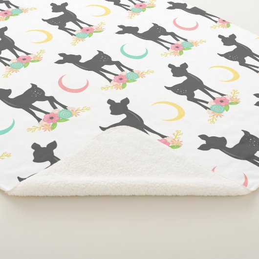 Deer Pattern, Baby Deer, Boho, Flowers, Moon Sherpa Deken (3/4)