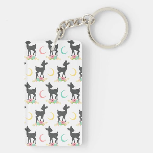 Deer Pattern, Baby Deer, Boho, Flowers, Moon Sleutelhanger (achterkant)