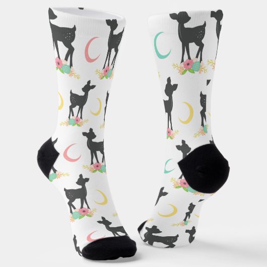 Deer Pattern, Baby Deer, Boho, Flowers, Moon Sokken (Gebogen)