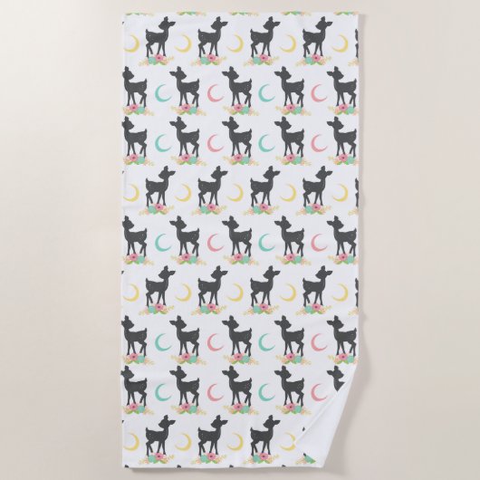 Deer Pattern, Baby Deer, Boho, Flowers, Moon Strandlaken (Voorkant)