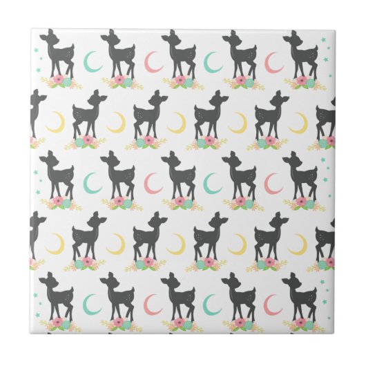 Deer Pattern, Baby Deer, Boho, Flowers, Moon Tegeltje (Voorkant)