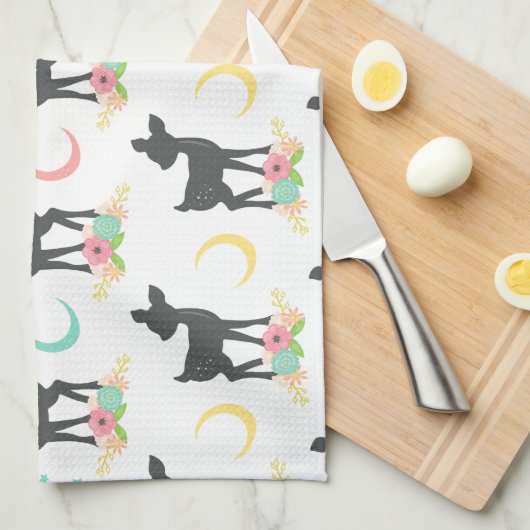 Deer Pattern, Baby Deer, Boho, Flowers, Moon Theedoek (Quarter Fold)
