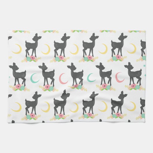 Deer Pattern, Baby Deer, Boho, Flowers, Moon Theedoek (Horizontaal)