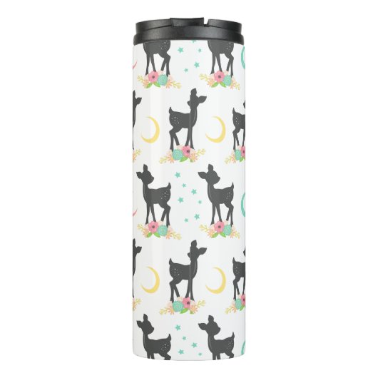 Deer Pattern, Baby Deer, Boho, Flowers, Moon Thermosbeker (Achterkant)