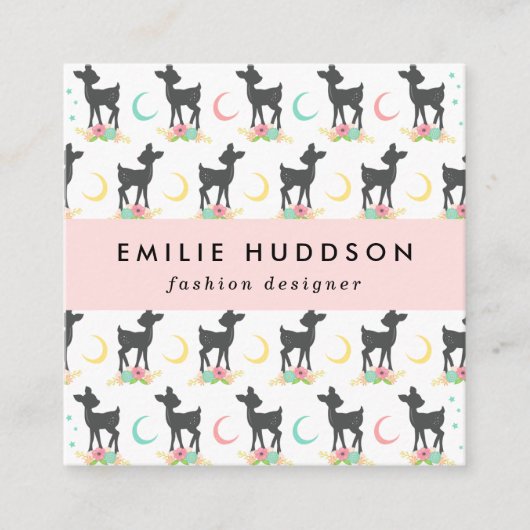 Deer Pattern, Baby Deer, Boho, Flowers, Moon Vierkante Visitekaartje (Voorkant)