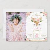 Deer Pink Floral Woodland Birthday Party Foto Kaart (Voorkant)