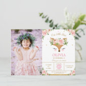 Deer Pink Floral Woodland Birthday Party Foto Kaart (Staand voorkant)