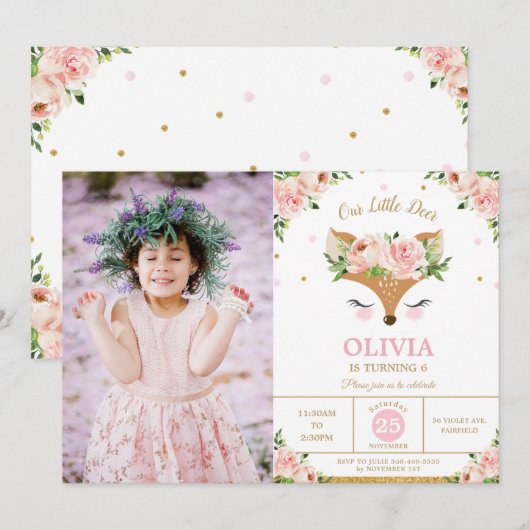Deer Pink Floral Woodland Birthday Party Foto Kaart (Voorkant / Achterkant)