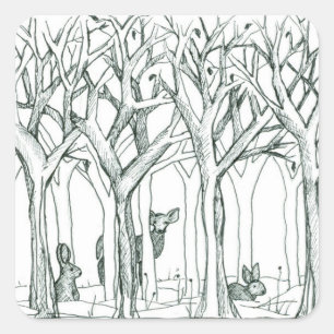Deer Rabbits Wildlife Forest Trees Ink Tekening Vierkante Sticker