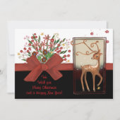Deer Red Bow Zwart Wit Feestdagenkaart (Voorkant)