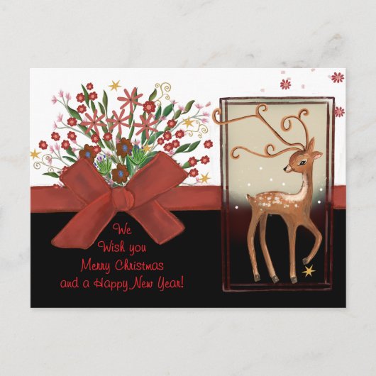 Deer Red Bow Zwart Wit Feestdagenkaart (Voorkant)