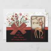 Deer Red Bow Zwart Wit Feestdagenkaart (Voorkant)