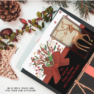 Deer Red Bow Zwart Wit Feestdagenkaart