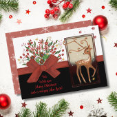Deer Red Bow Zwart Wit Feestdagenkaart