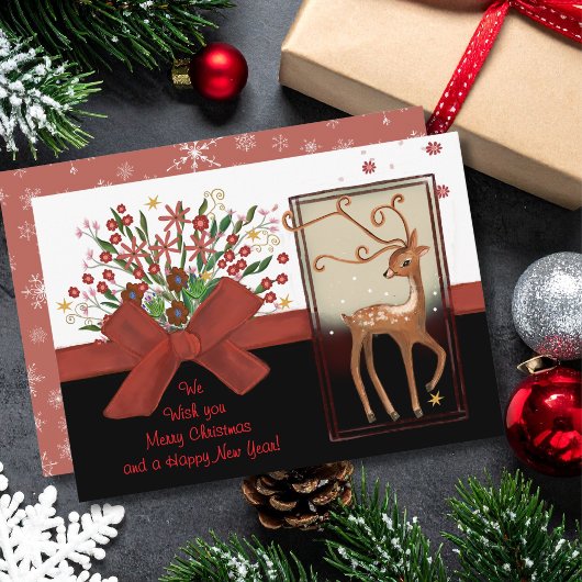 Deer Red Bow Zwart Wit Feestdagenkaart