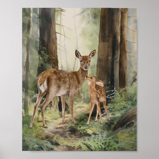 Deer Redwood Forest Waterverf Poster (Voorkant)