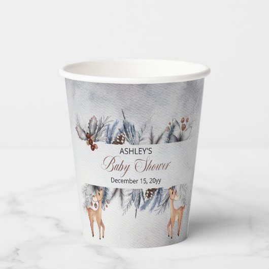 Deer Rustic Winter Floral Baby shower Papieren Bekers (Achterkant)