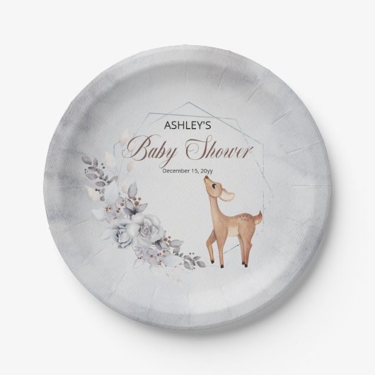 Deer Rustic Winter Floral Baby shower Papieren Bordje (Voorkant)