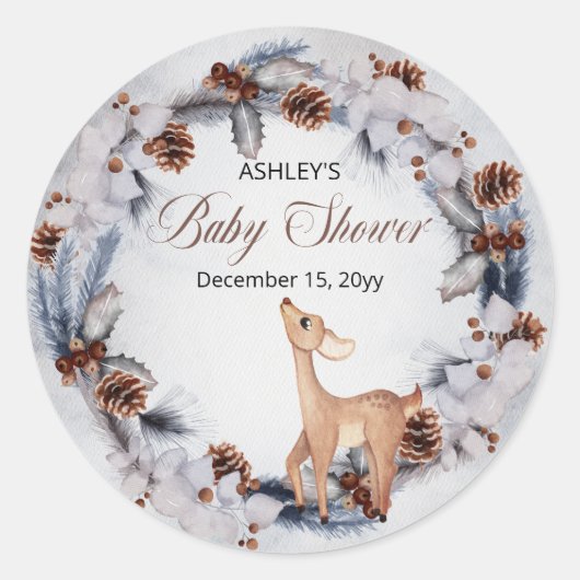 Deer Rustic Winter Floral Baby shower Ronde Sticker (Voorkant)