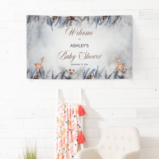 Deer Rustic Winter Floral Baby shower Welkom Spandoek (Insitu)