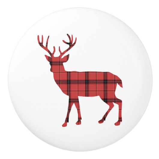 Deer Silhouette Red en Black Pset Tartan Keramische Knop (Voorkant)