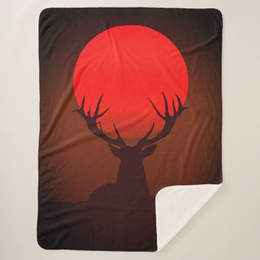 Deer Silhouette with Fiery Red Sunset Sherpa Deken (Voorkant)