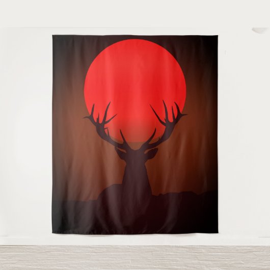 Deer Silhouette with Fiery Red Sunset Wandkleed (Voorkant)