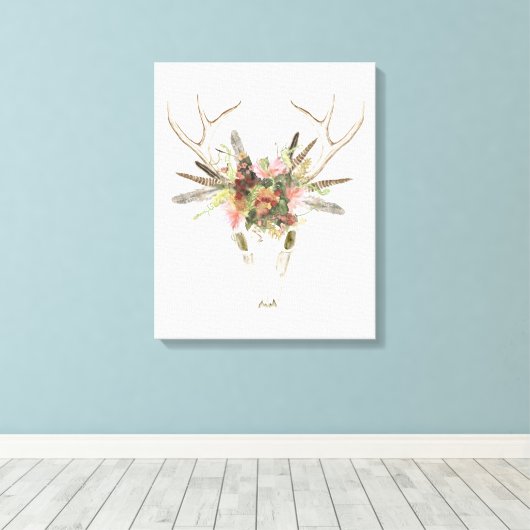 Deer Skull & Flowers Canvas Afdruk (Insitu (Houten vloer))