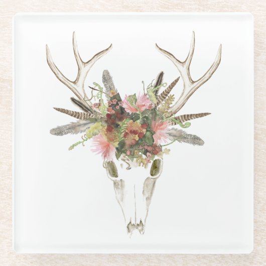 Deer Skull & Flowers Glazen Onderzetter (Voorkant)
