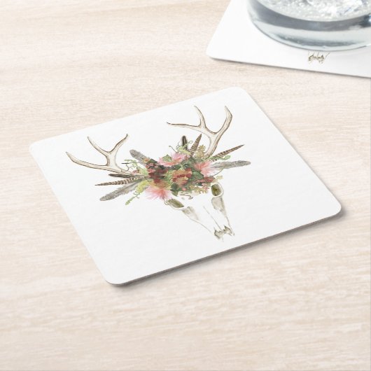 Deer Skull & Flowers Kartonnen Onderzetters (Schuin)