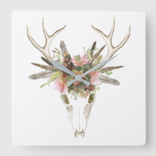Deer Skull & Flowers Vierkante Klok