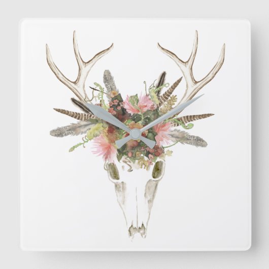 Deer Skull & Flowers Vierkante Klok (Voorkant)