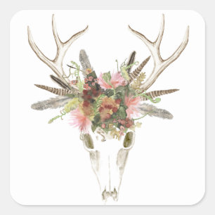 Deer Skull & Flowers Vierkante Sticker